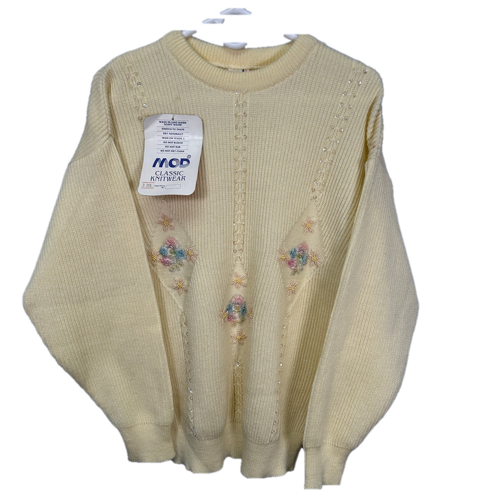 Vintage 80s Golden Girls Pastel Yellow Knit Sequin Crewneck Sweater Medium - Picture 2 of 5
